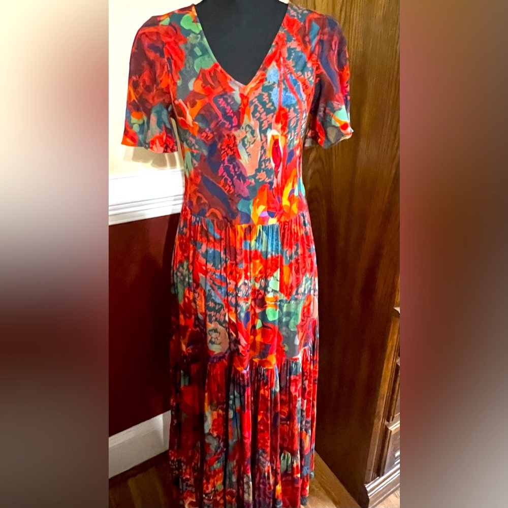 Soft Surroundings Printemps Maxi Dress Size XS Red Floral Tiered Rayon Boho